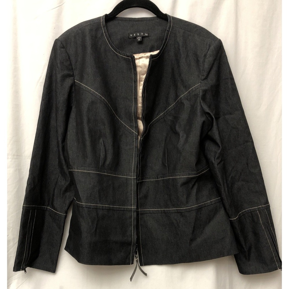 Vesti Women's Blue Short Zip-Up Lined Jacket w Front Stitching Details - Size 16